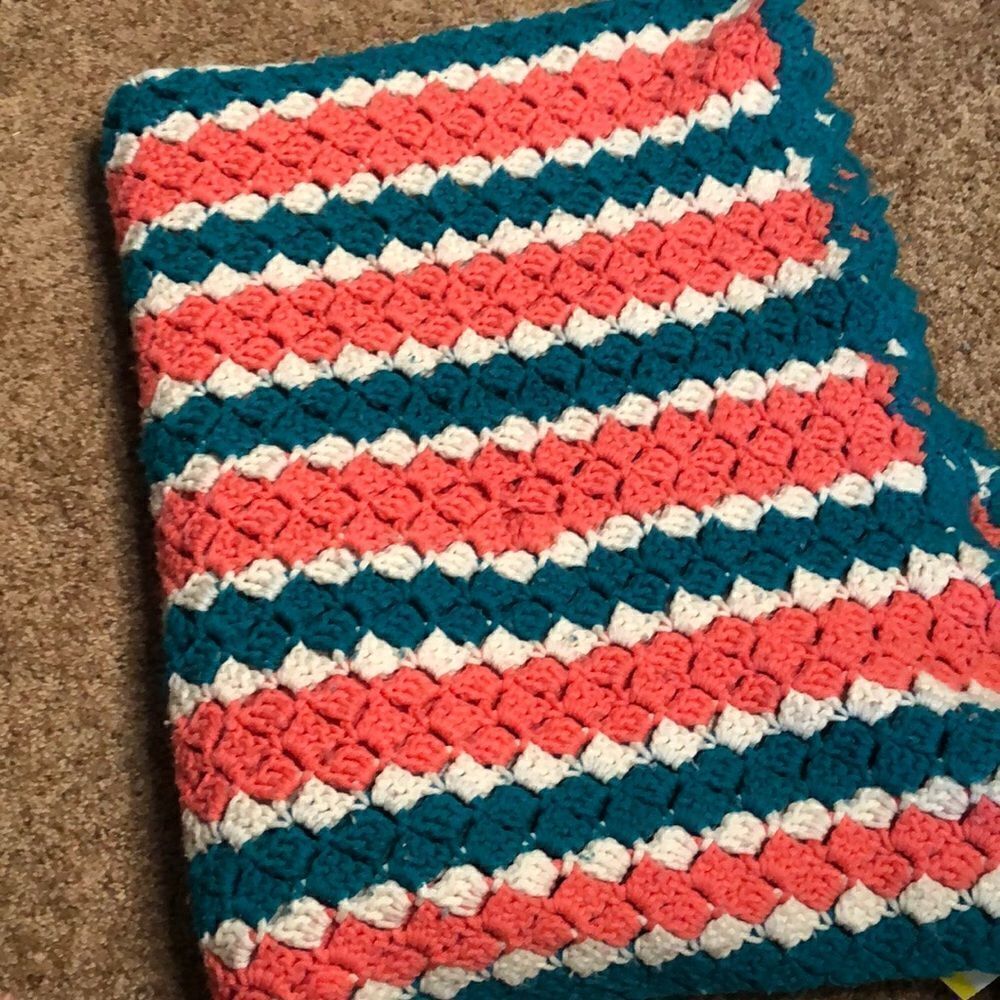 Vtg Handmade Quilt Crochet Pink Teal Bobble Knit Grandmacore